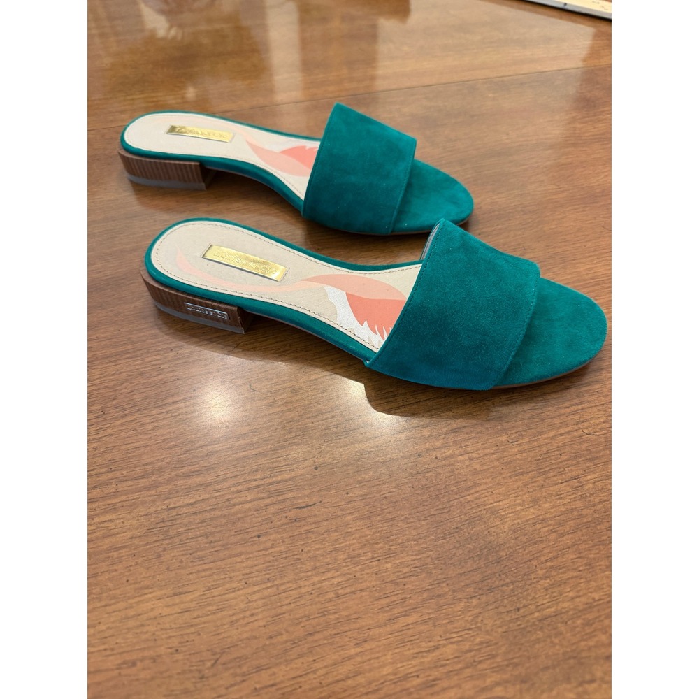 Louise et Cie Aydia Teal Green Suede Flat Slide Sandals Womens 7M 37.5 Classy
